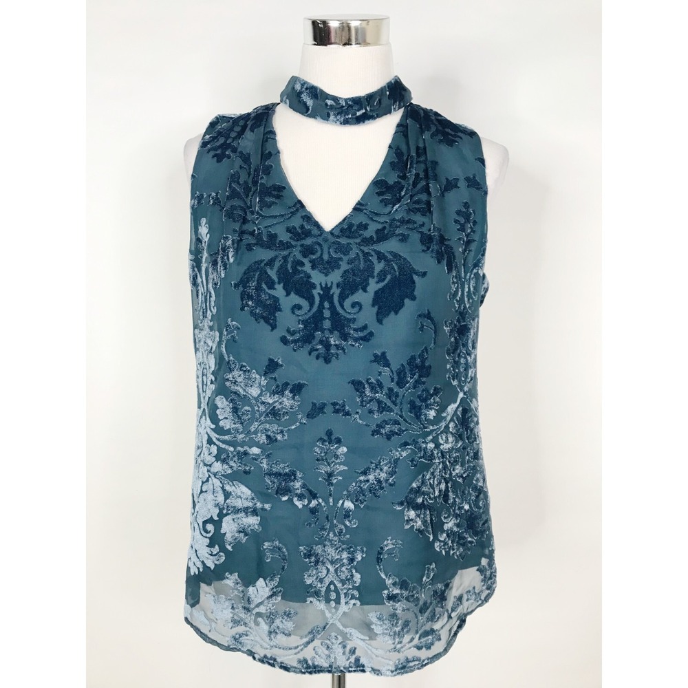 White House Black Market Top Women 6 Blue Floral Velvet Burnout Whimsigoth Fairy